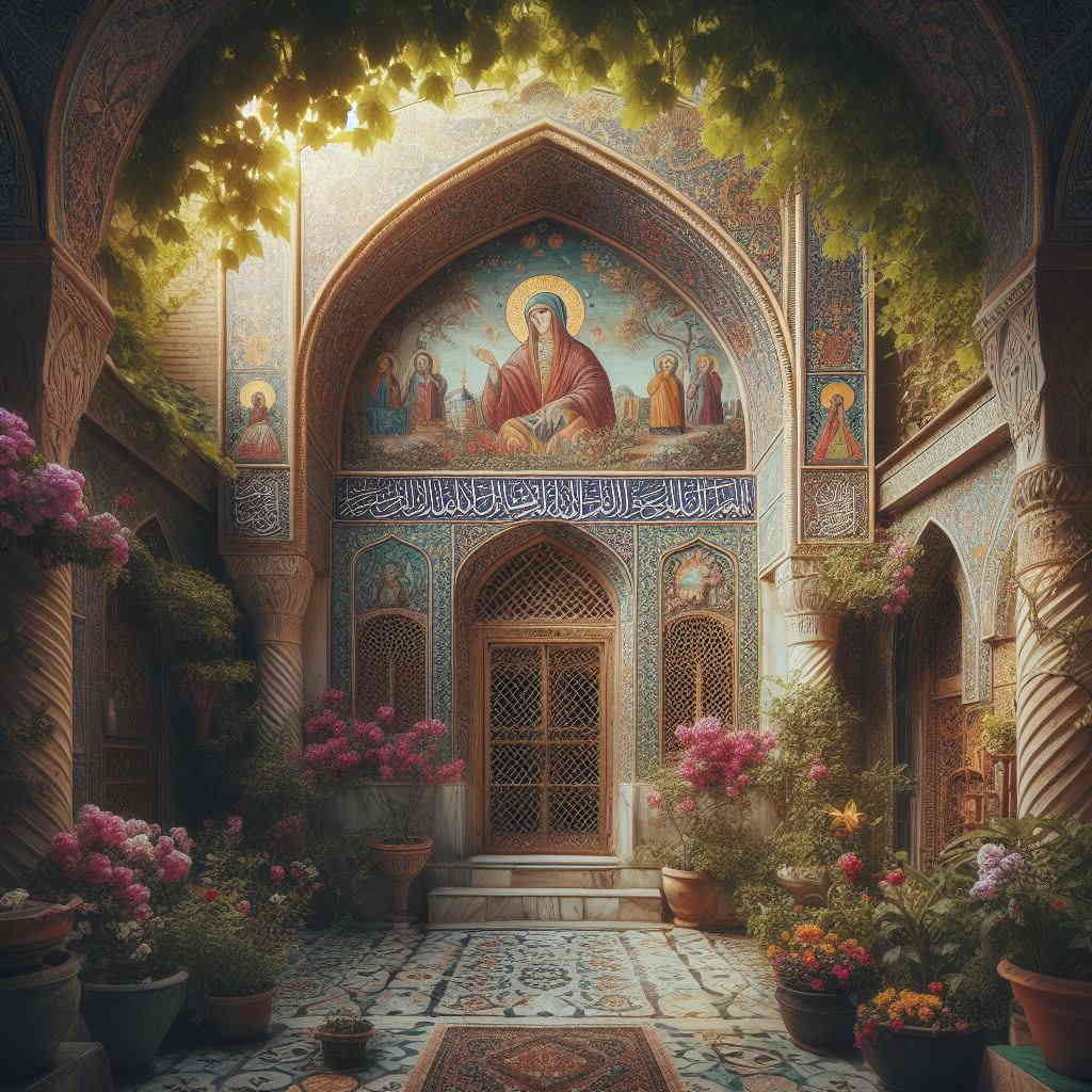 Bing Image Creator: Persian parisian mosque church courtyard with icons and flowers and vine
